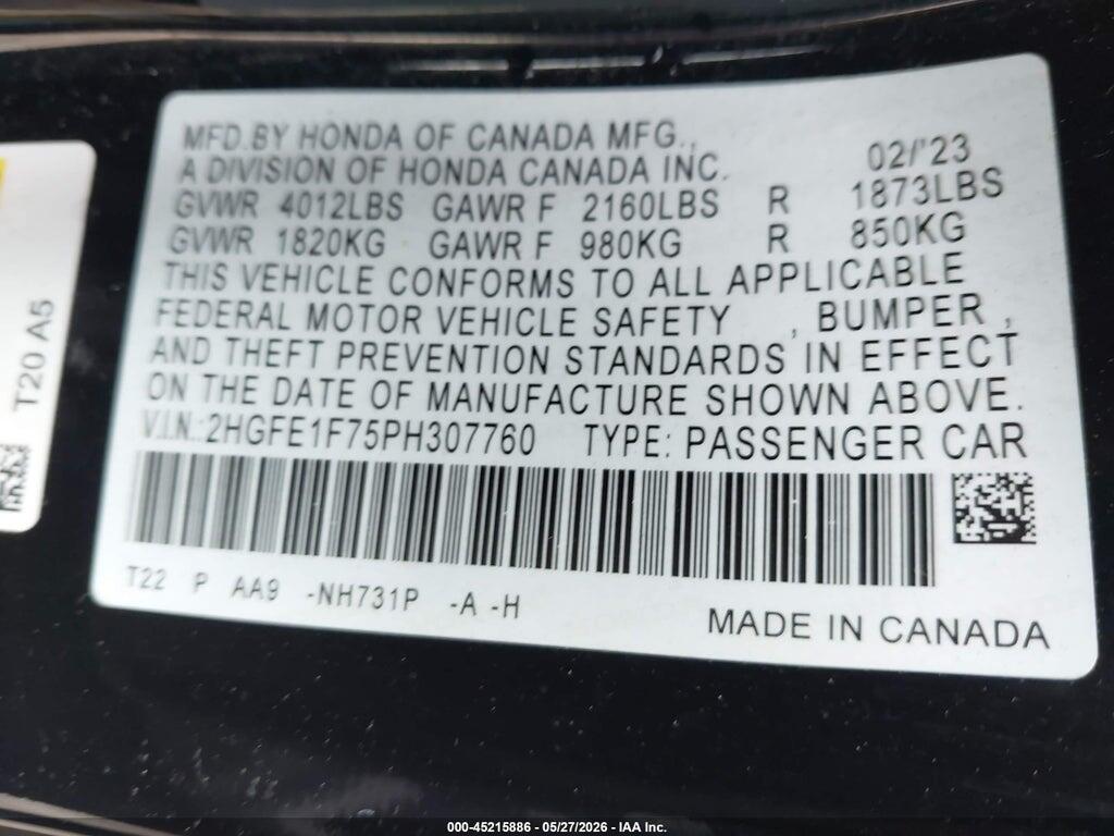 2HGFE1F75PH307760 2023 HONDA CIVIC photo no. 9