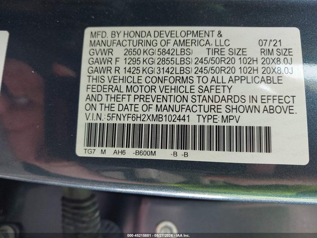 5FNYF6H2XMB102441 2021 HONDA PILOT photo no. 9