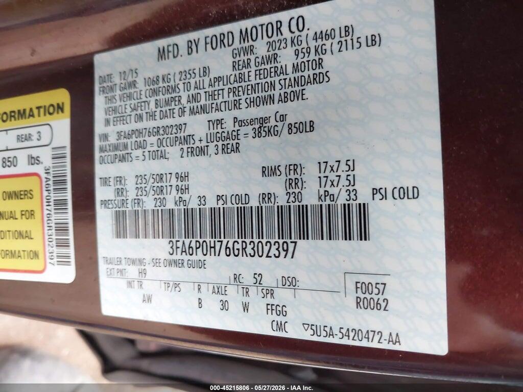 3FA6P0H76GR302397 2016 FORD FUSION photo no. 9
