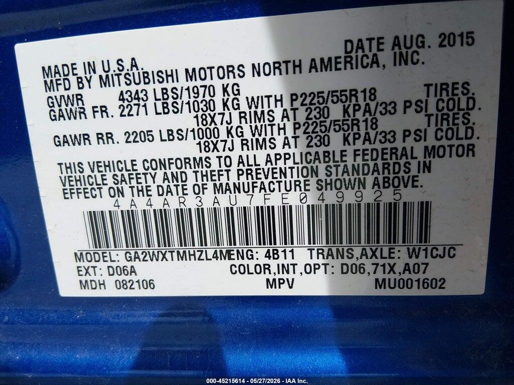 4A4AR3AU7FE049925 2015 MITSUBISHI OUTLANDER SPORT photo no. 9