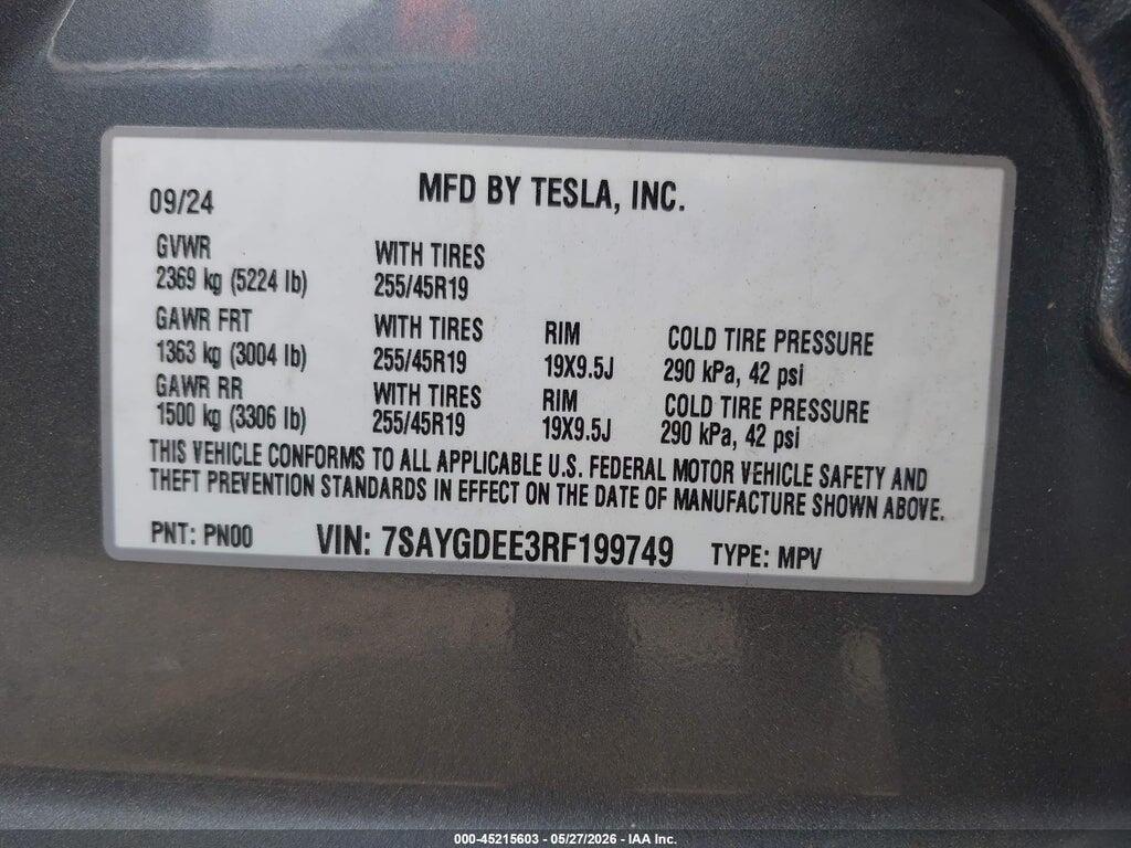 7SAYGDEE3RF199749 2024 TESLA MODEL Y photo no. 9