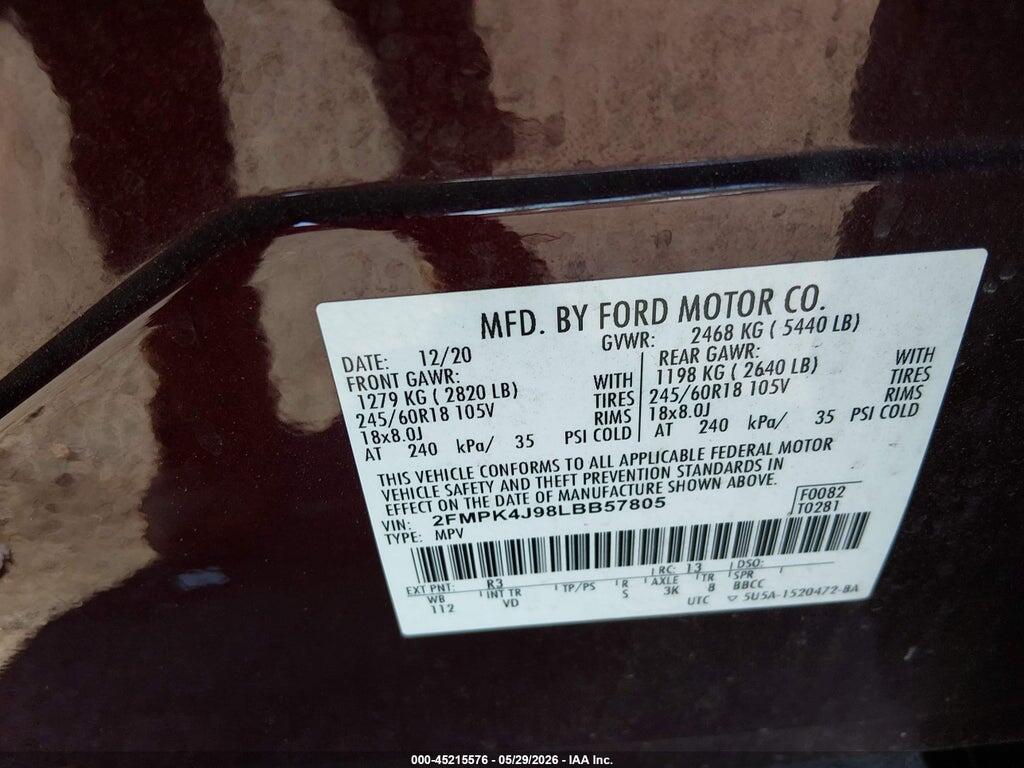2FMPK4J98LBB57805 2020 FORD EDGE photo no. 9
