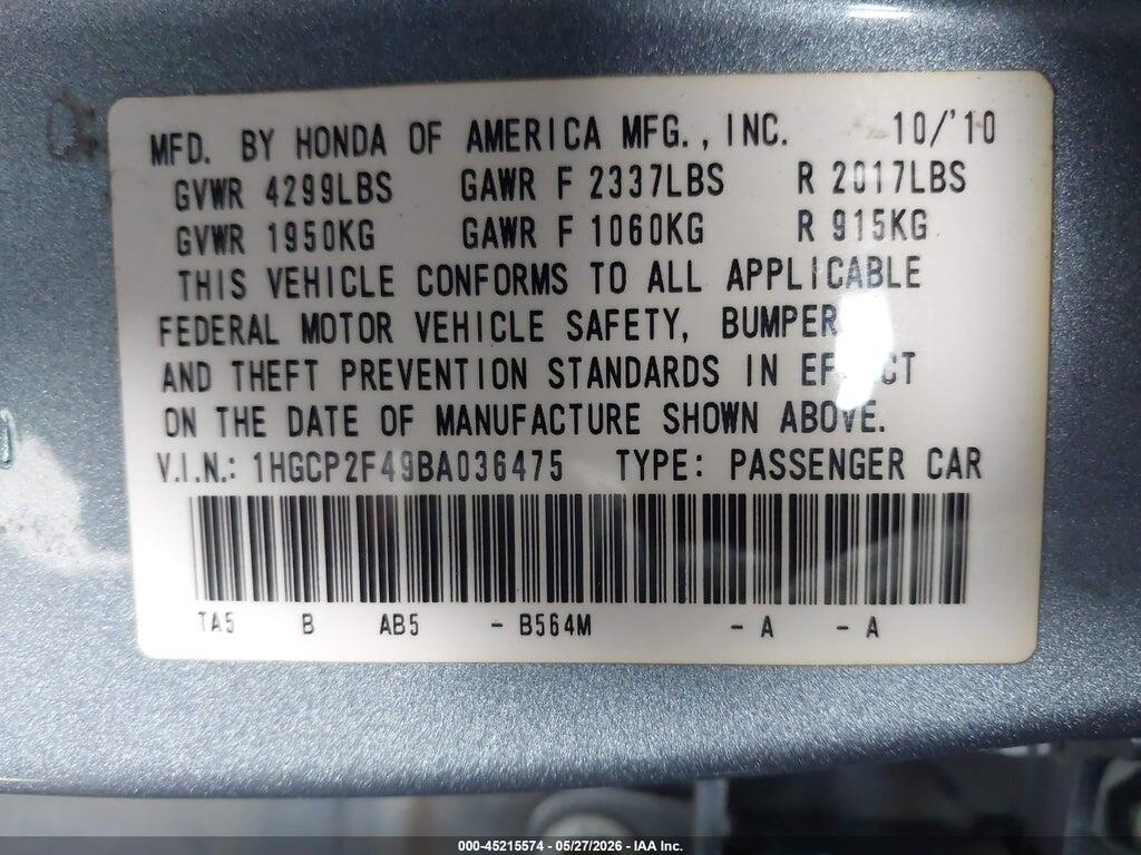 1HGCP2F49BA036475 2011 HONDA ACCORD photo no. 9