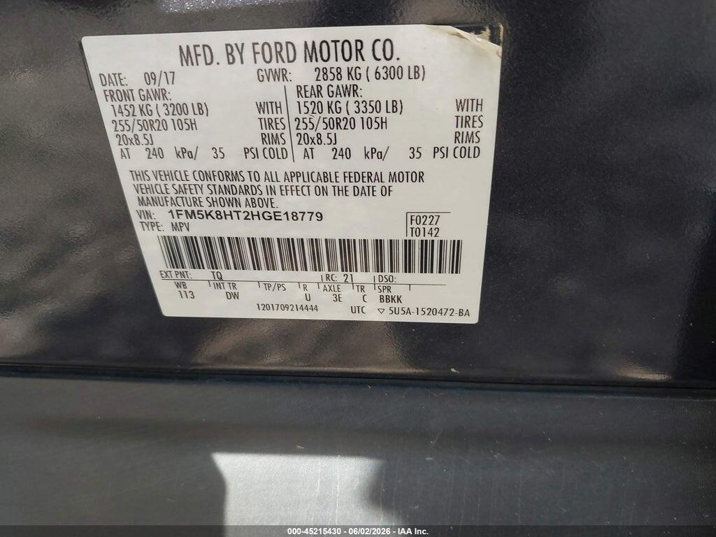 1FM5K8HT2HGE18779 2017 FORD EXPLORER photo no. 9
