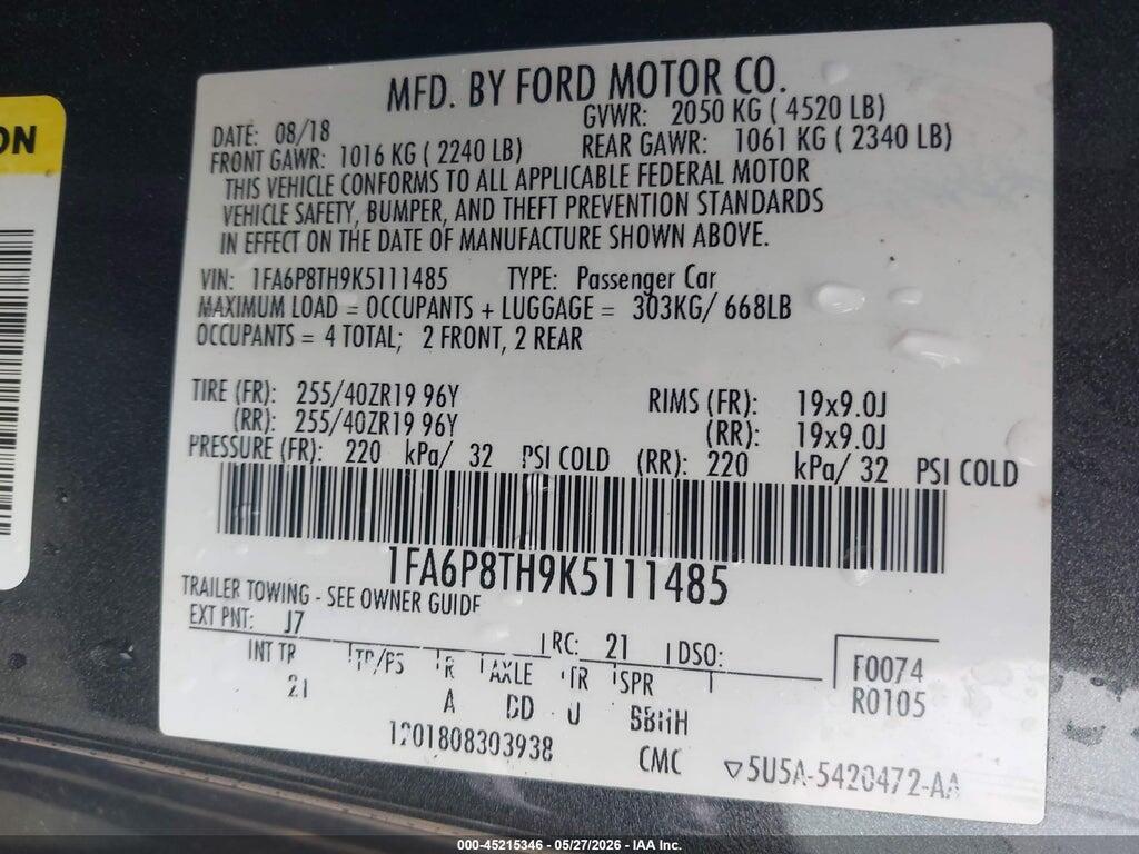 1FA6P8TH9K5111485 2019 FORD MUSTANG photo no. 9