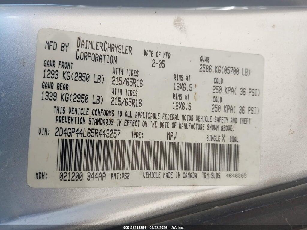 2D4GP44L65R443257 2005 DODGE GRAND CARAVAN photo no. 9