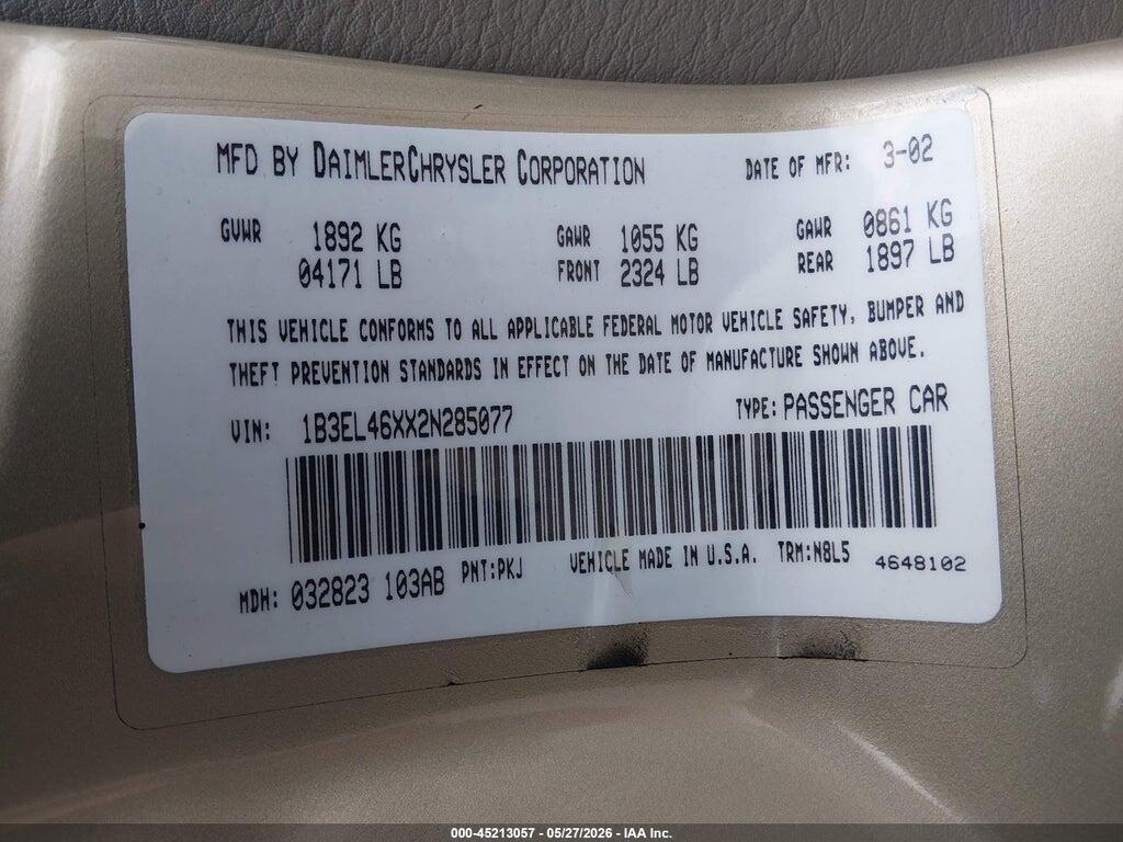 1B3EL46XX2N285077 2002 DODGE STRATUS photo no. 9