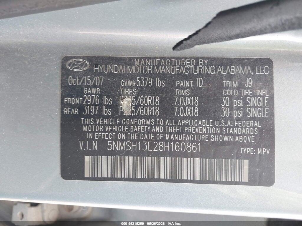 5NMSH13E28H160861 2008 HYUNDAI SANTA FE photo no. 9