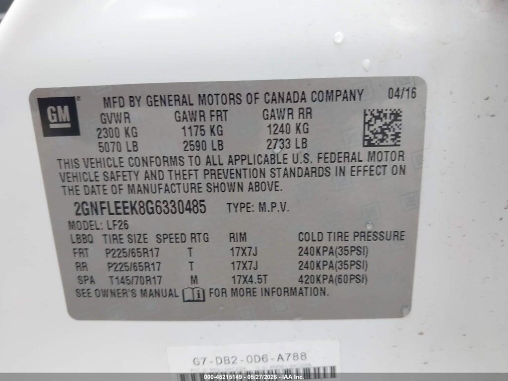 2GNFLEEK8G6330485 2016 CHEVROLET EQUINOX photo no. 9