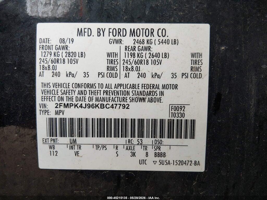 2FMPK4J96KBC47792 2019 FORD EDGE photo no. 9