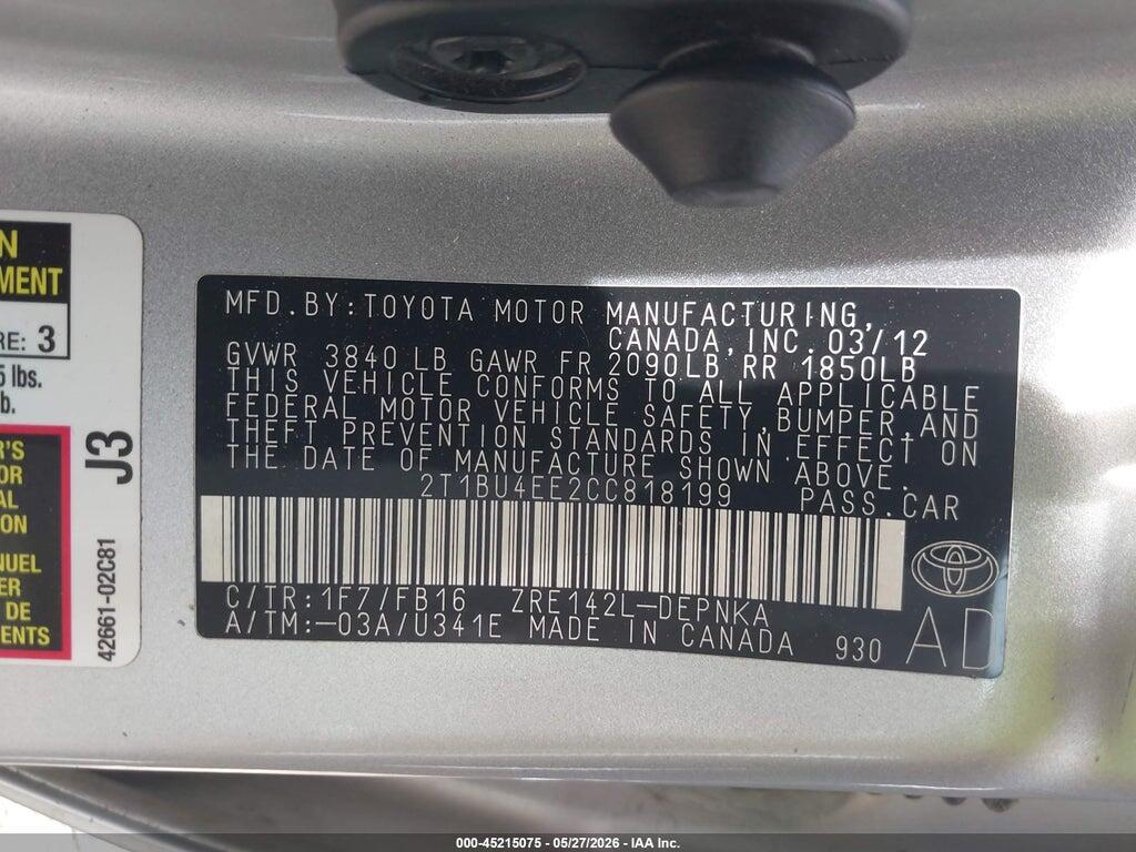 2T1BU4EE2CC818199 2012 TOYOTA COROLLA photo no. 9