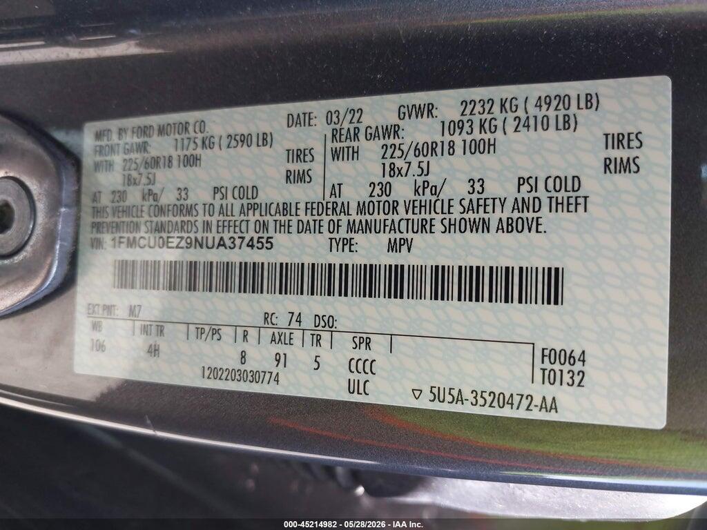 1FMCU0EZ9NUA37455 2022 FORD ESCAPE photo no. 9