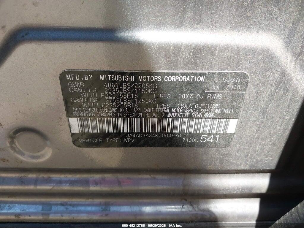 JA4AD3A34KZ004970 2019 MITSUBISHI OUTLANDER photo no. 9