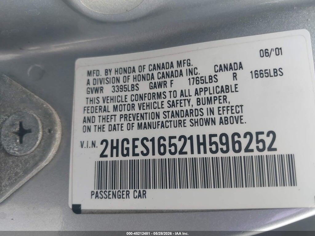 2HGES16521H596252 2001 HONDA CIVIC photo no. 9