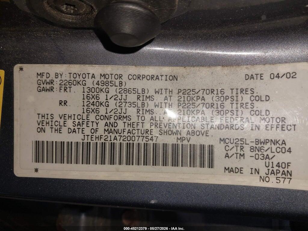 JTEHF21A720077547 2002 TOYOTA HIGHLANDER photo no. 9