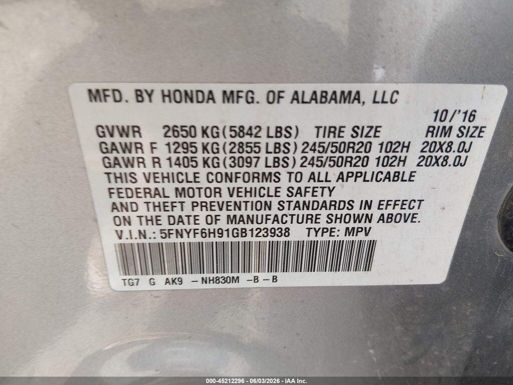 5FNYF6H91GB123938 2016 HONDA PILOT photo no. 9