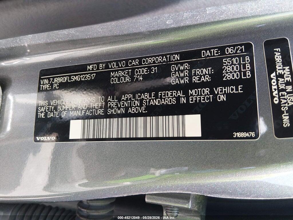 7JRBR0FL5MG123517 2021 VOLVO S60 RECHARGE PLUG-IN HYBRID photo no. 9