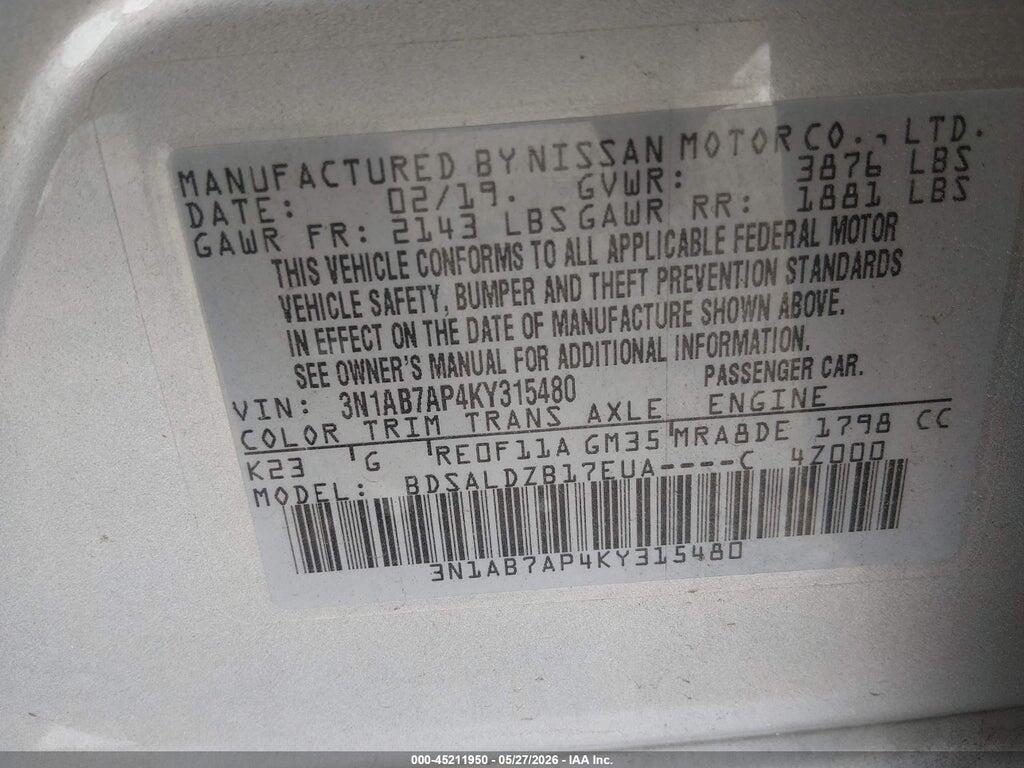 3N1AB7AP4KY315480 2019 NISSAN SENTRA photo no. 9