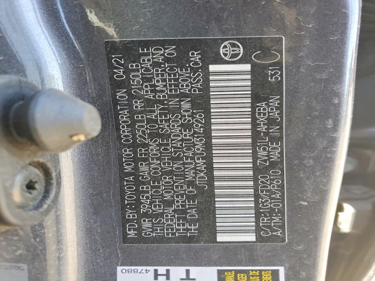 JTDKAMFU9M3149261 2021 TOYOTA PRIUS photo no. 12