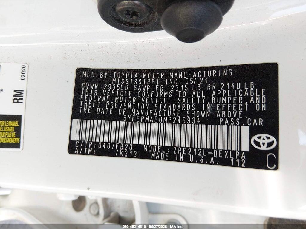 5YFEPMAE0MP246934 2021 TOYOTA COROLLA photo no. 9