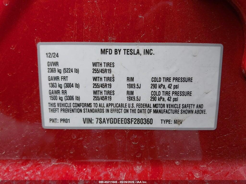 7SAYGDEE0SF280360 2025 TESLA MODEL Y photo no. 9