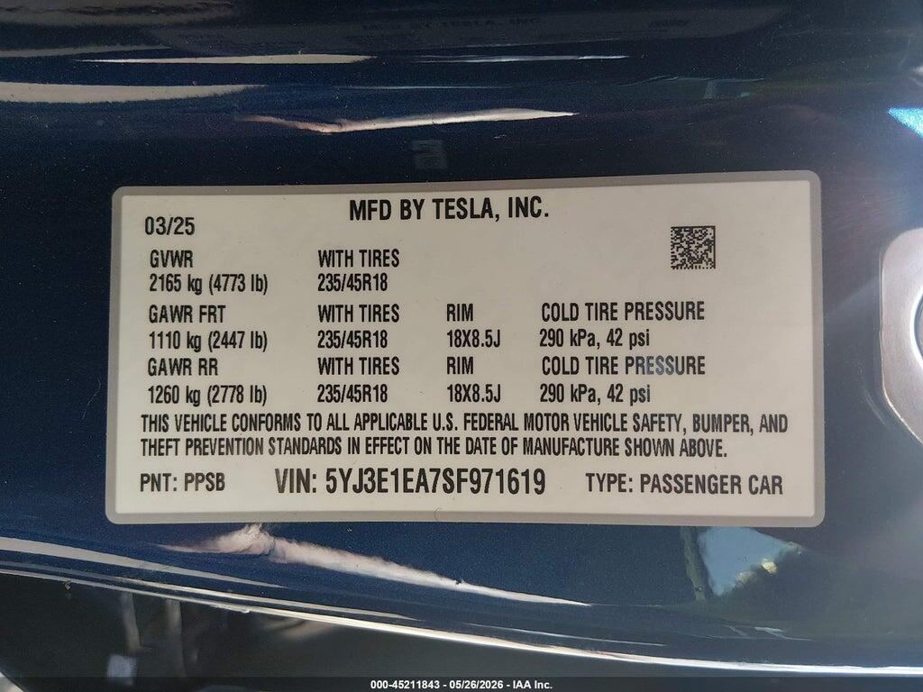 5YJ3E1EA7SF971619 2025 TESLA MODEL 3 photo no. 9