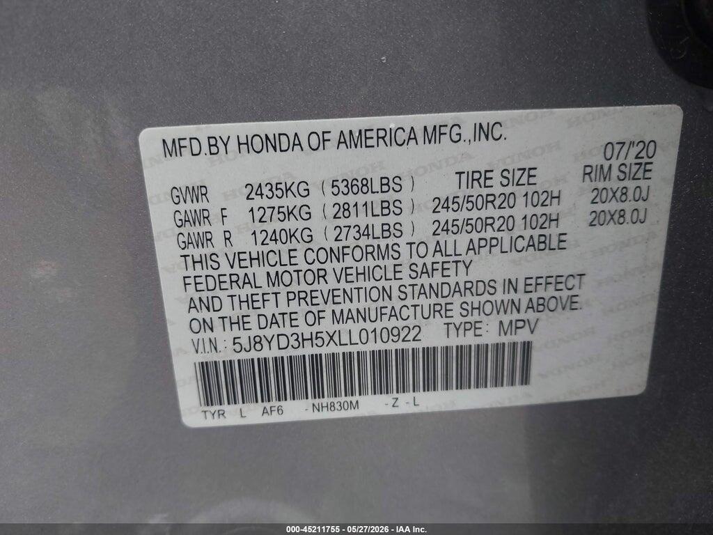 5J8YD3H5XLL010922 2020 ACURA MDX photo no. 9