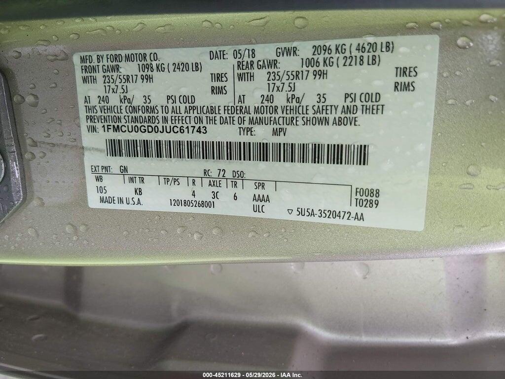 1FMCU0GD0JUC61743 2018 FORD ESCAPE photo no. 9