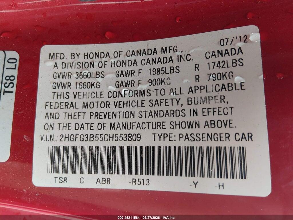 2HGFG3B55CH553809 2012 HONDA CIVIC photo no. 9