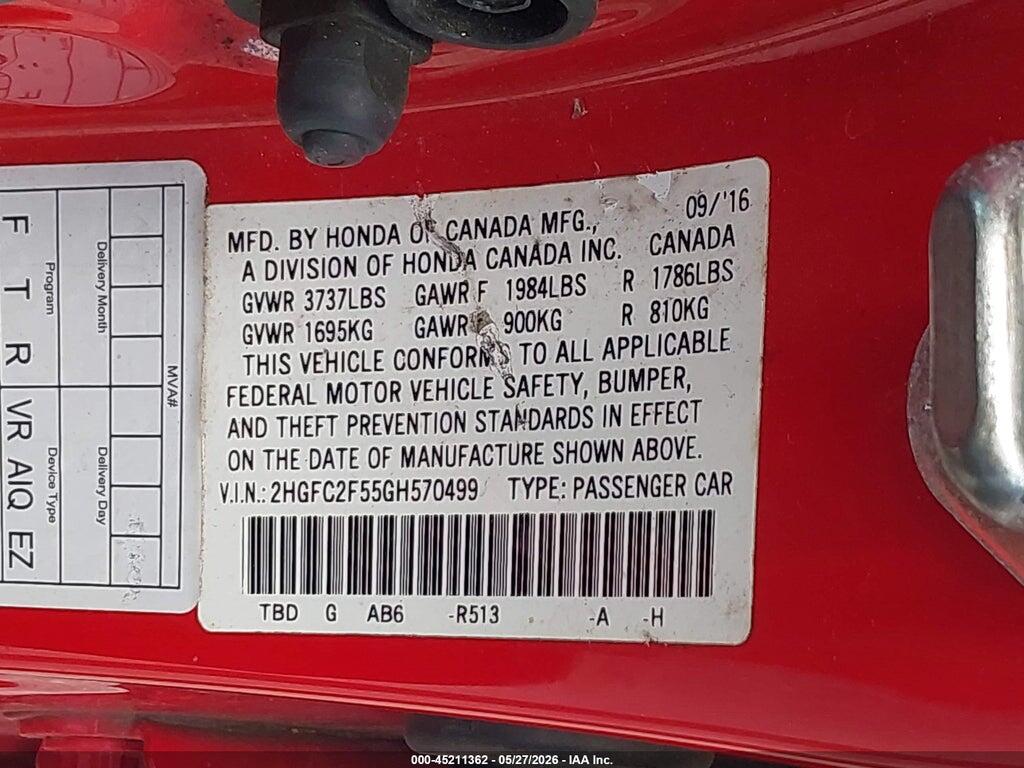 2HGFC2F55GH570499 2016 HONDA CIVIC photo no. 9