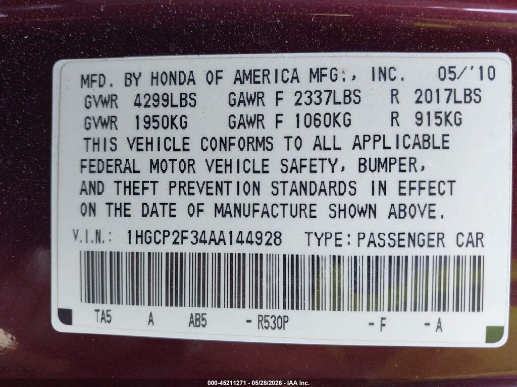 1HGCP2F34AA144928 2010 HONDA ACCORD photo no. 9