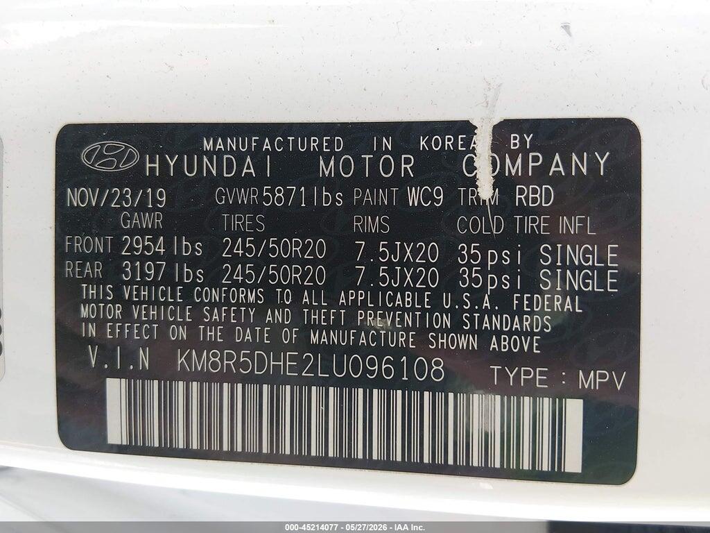 KM8R5DHE2LU096108 2020 HYUNDAI PALISADE photo no. 9