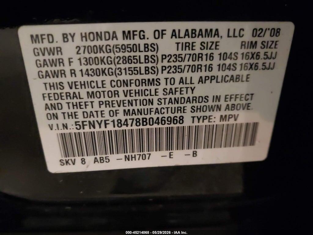 5FNYF18478B046968 2008 HONDA PILOT photo no. 9