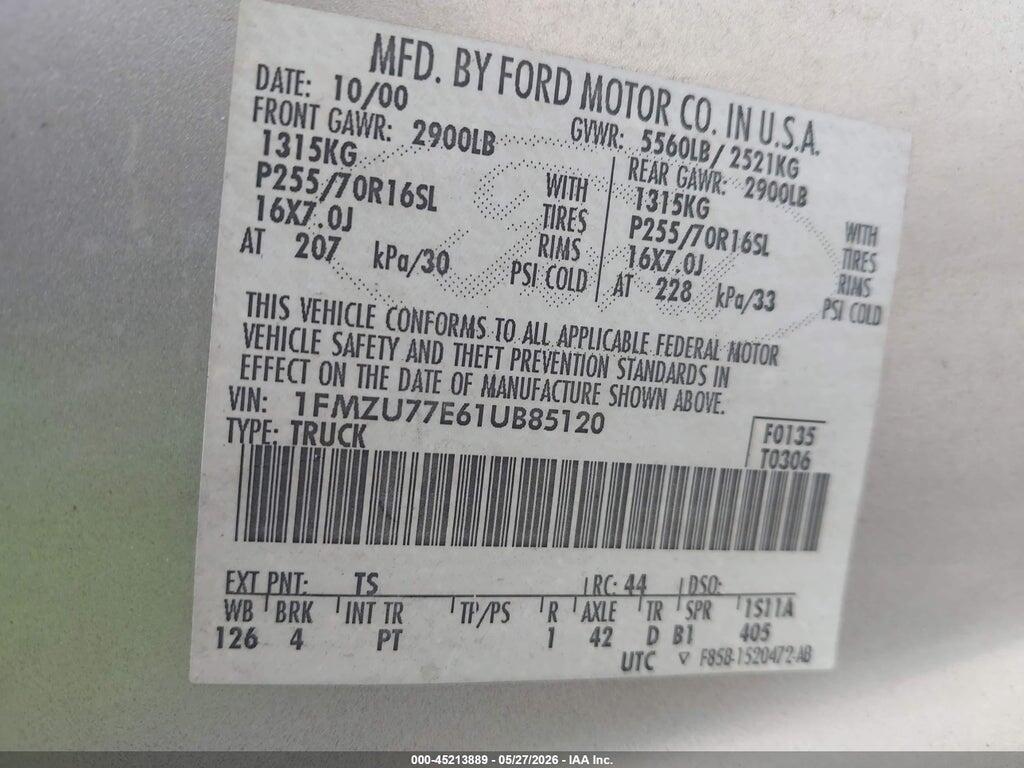 1FMZU77E61UB85120 2001 FORD EXPLORER SPORT TRAC photo no. 9