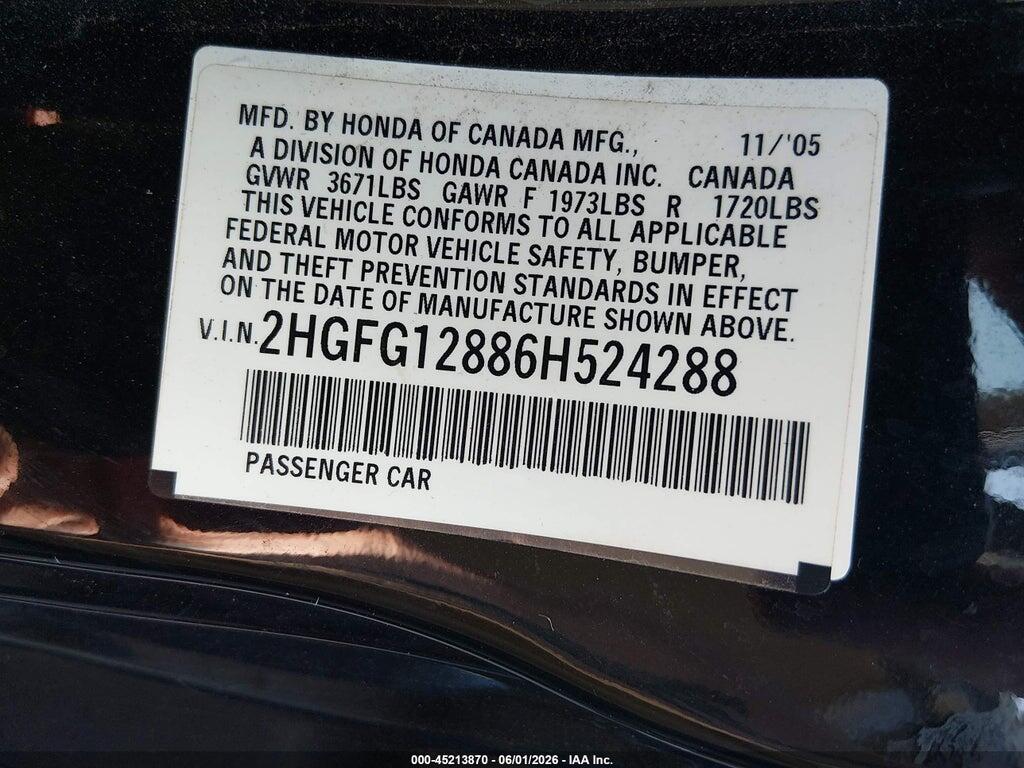 2HGFG12886H524288 2006 HONDA CIVIC photo no. 9