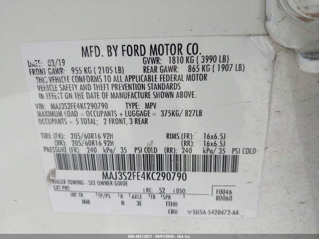 MAJ3S2FE4KC290790 2019 FORD ECOSPORT photo no. 9