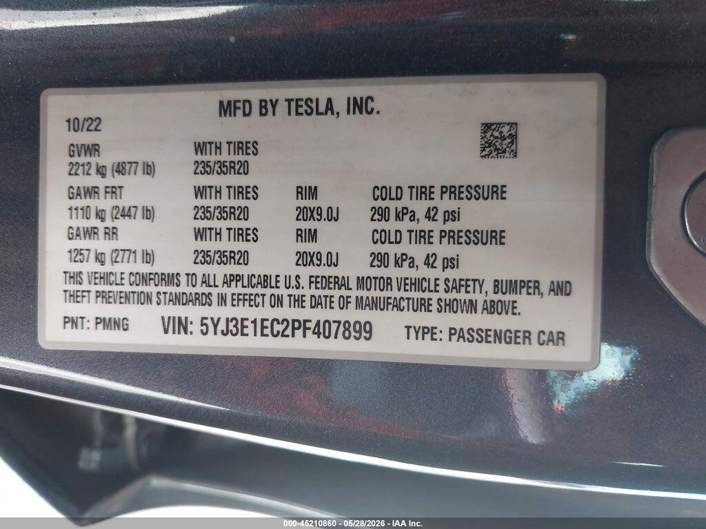 5YJ3E1EC2PF407899 2023 TESLA MODEL 3 photo no. 9