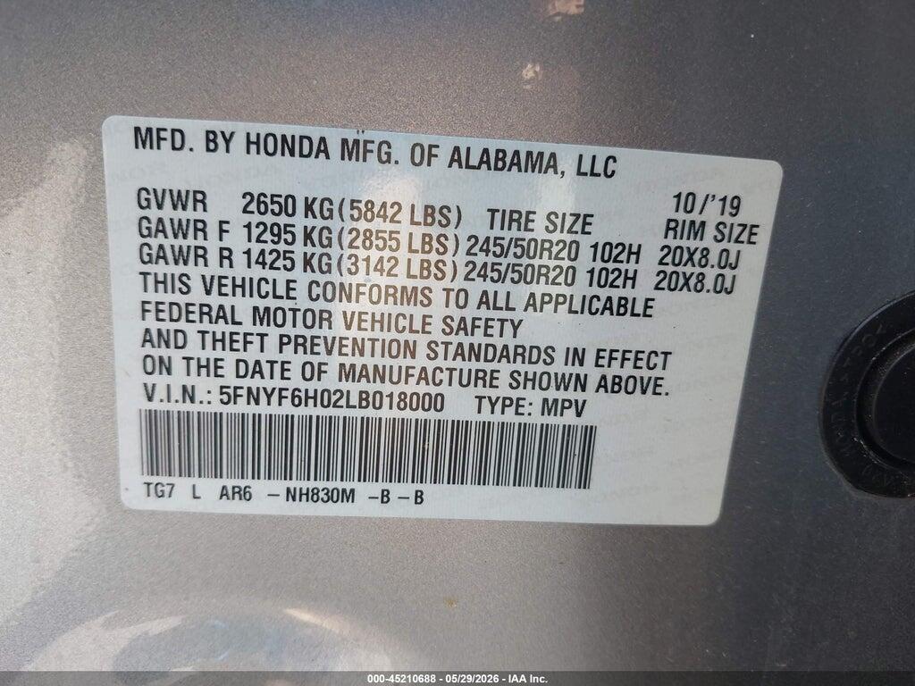 5FNYF6H02LB018000 2020 HONDA PILOT photo no. 9