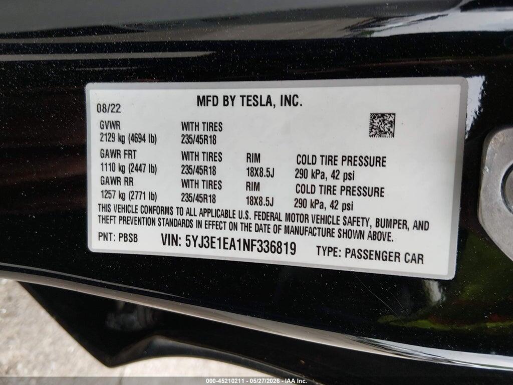 5YJ3E1EA1NF336819 2022 TESLA MODEL 3 photo no. 9