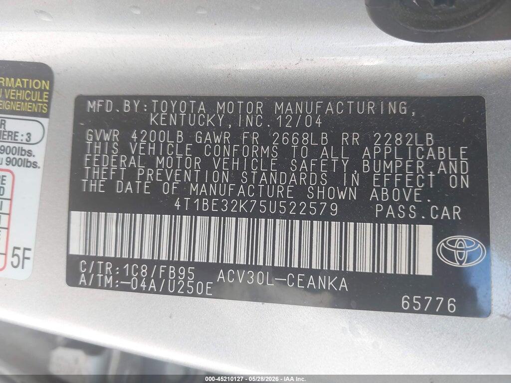 4T1BE32K75U522579 2005 TOYOTA CAMRY photo no. 9