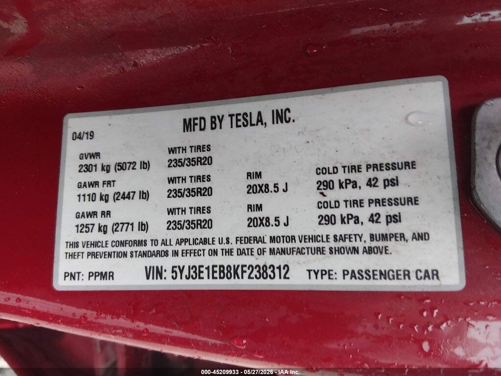 5YJ3E1EB8KF238312 2019 TESLA MODEL 3 photo no. 9