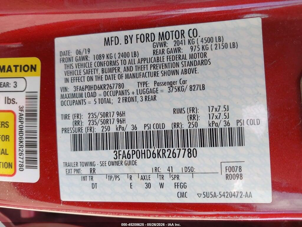 3FA6P0HD6KR267780 2019 FORD FUSION photo no. 9