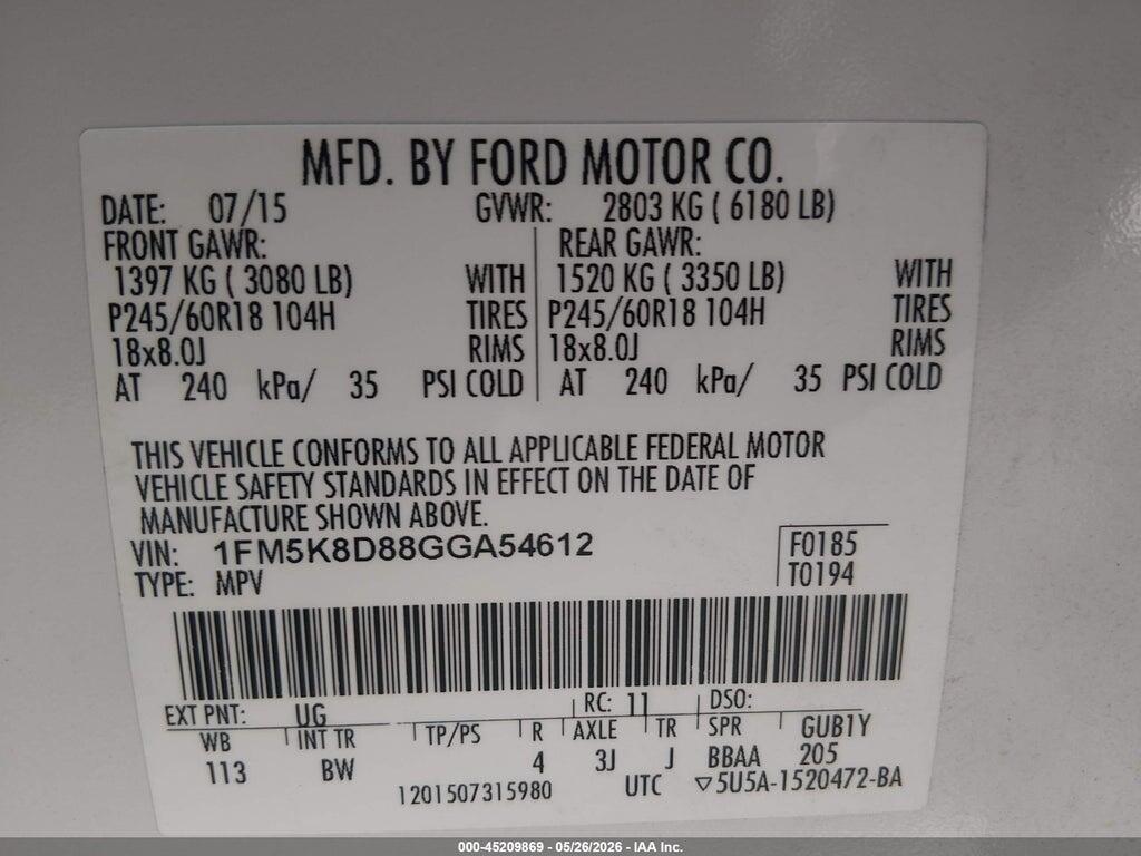 1FM5K8D88GGA54612 2016 FORD EXPLORER photo no. 9