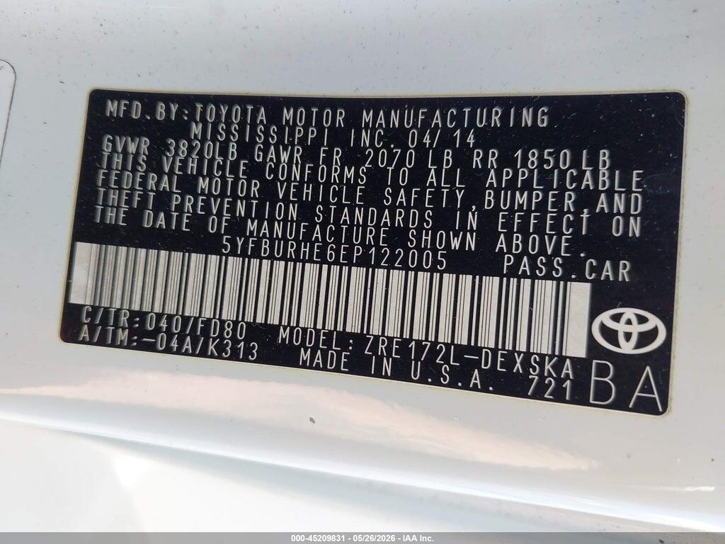 5YFBURHE6EP122005 2014 TOYOTA COROLLA photo no. 9