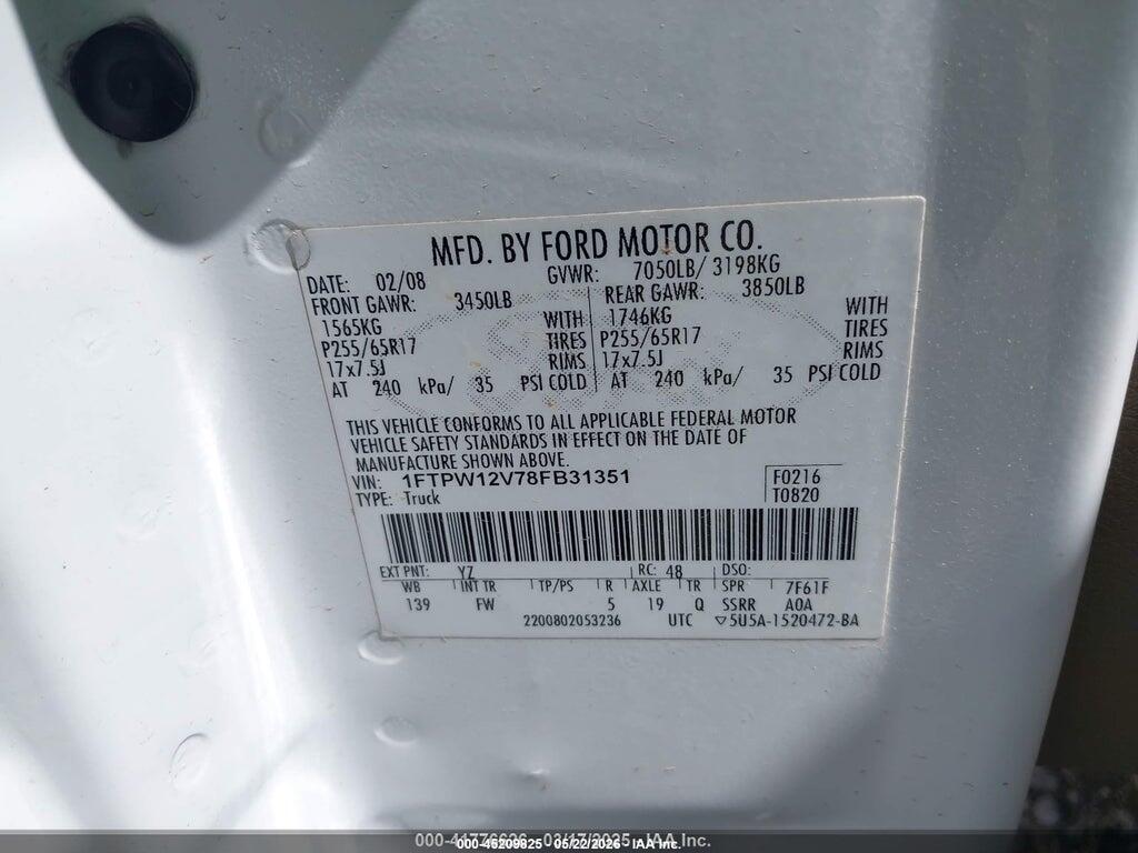 1FTPW12V78FB31351 2008 FORD F-150 photo no. 9