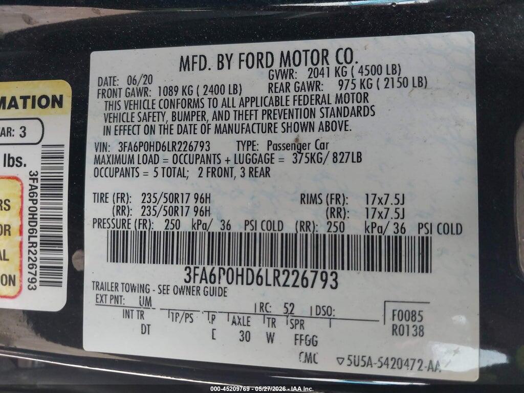 3FA6P0HD6LR226793 2020 FORD FUSION photo no. 9