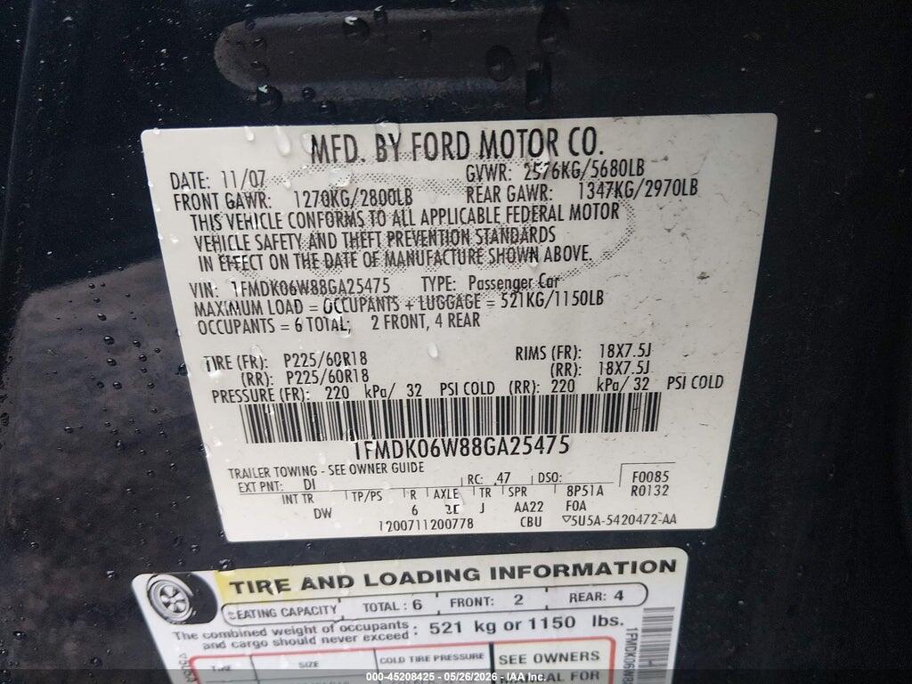 1FMDK06W88GA25475 2008 FORD TAURUS X photo no. 9