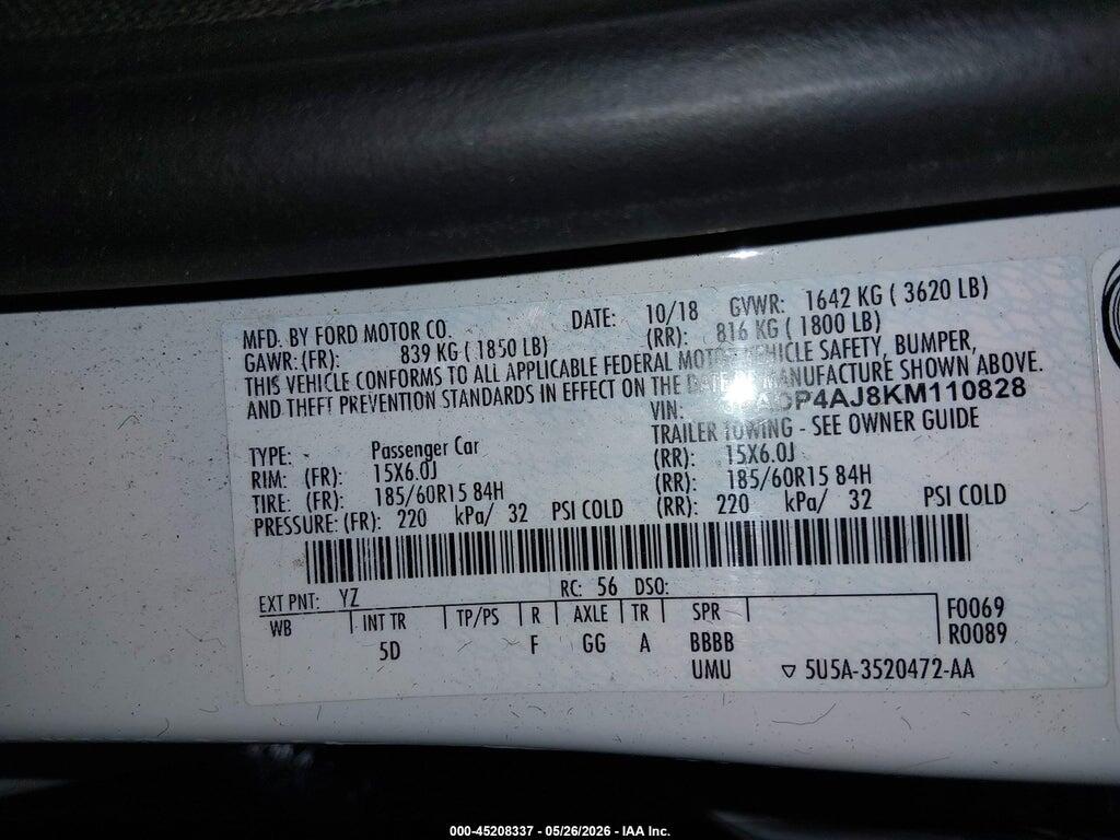 3FADP4AJ8KM110828 2019 FORD FIESTA photo no. 9