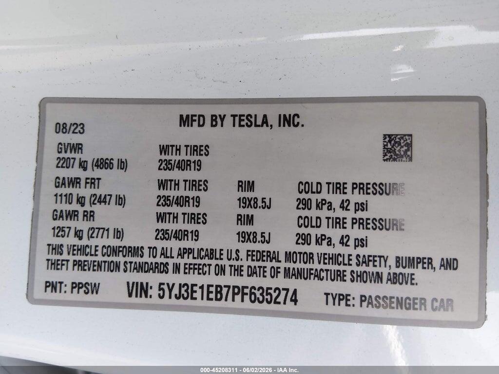5YJ3E1EB7PF635274 2023 TESLA MODEL 3 photo no. 9