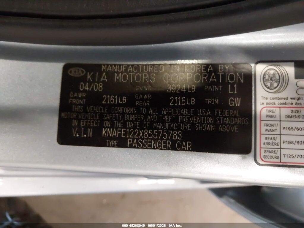 KNAFE122X85575783 2008 KIA SPECTRA photo no. 9